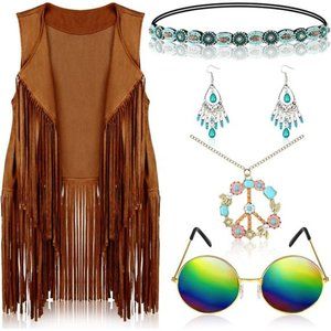 6Pcs 60s 70s Outfits for Women Hippie Costume Accessories Fringe Vest Sunglasses